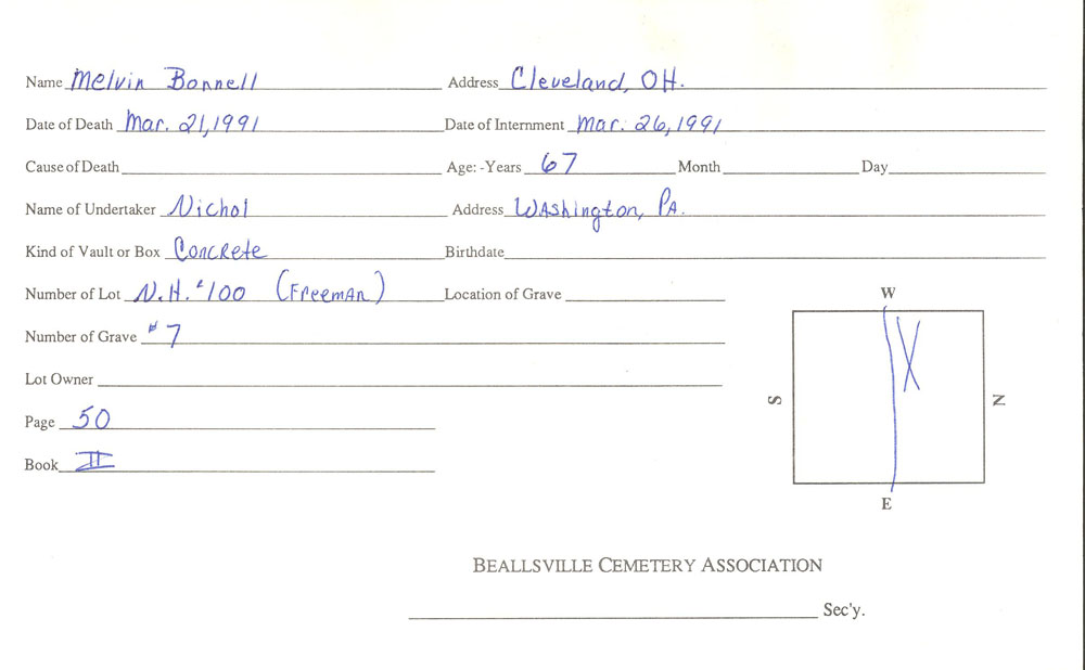 Melvin Bonnell burial card
